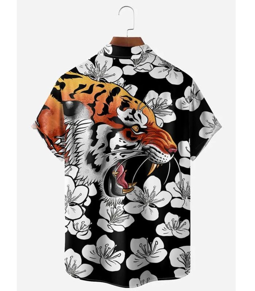 Men DJ Shirts | Sakura Tiger Short Sleeve Casual Shirt Photo Color