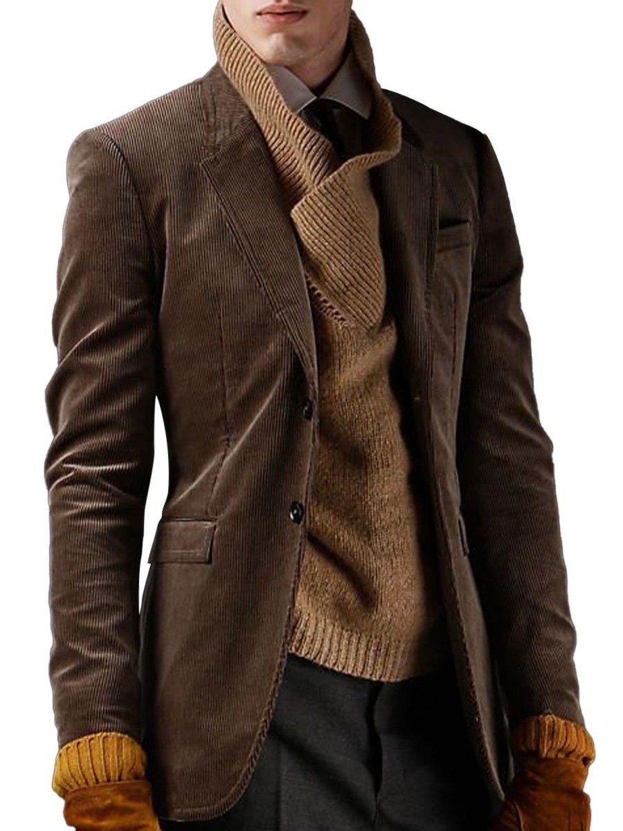 Men BXL Jacket | Vintage Multi-Pocket Lapel Solid Color Corduroy Casual Blazer Brown