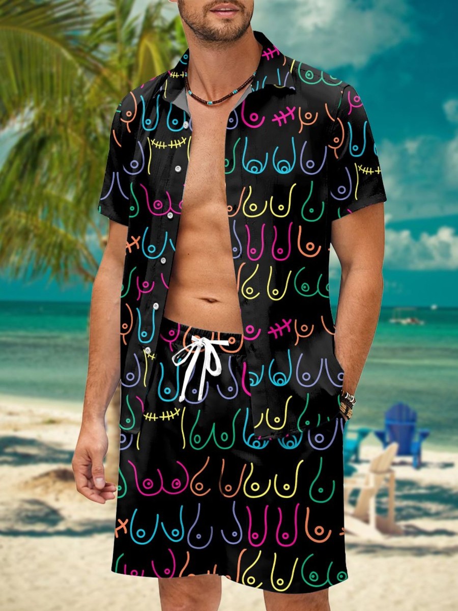 Men HWT Set | Men'S Sets Holiday Funny Boobs Print Two Piece Sets Black