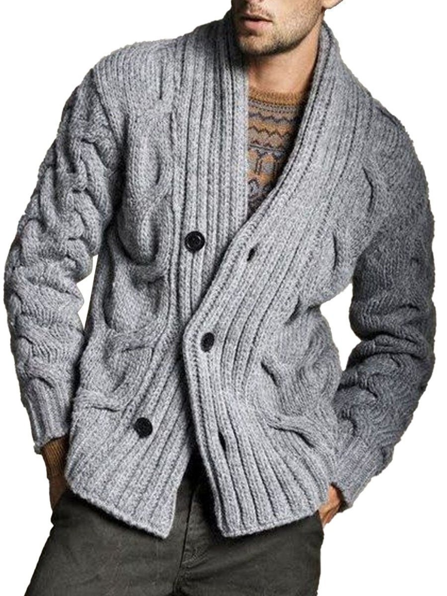 Men DJ Cardigan | Retro Solid Color Cable Casual Knitted Cardigan Gray