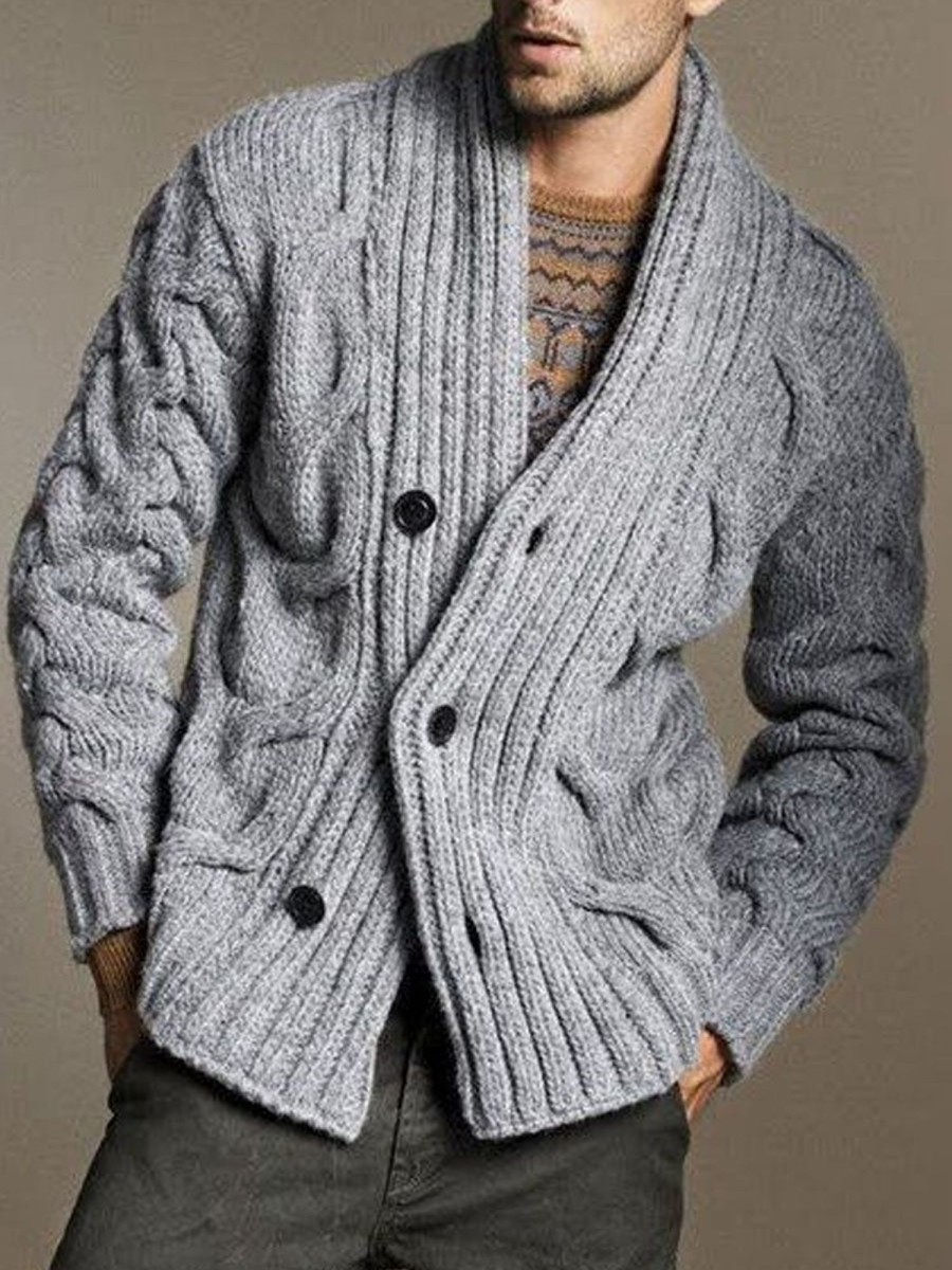 Men DJ Cardigan | Retro Solid Color Cable Casual Knitted Cardigan Gray