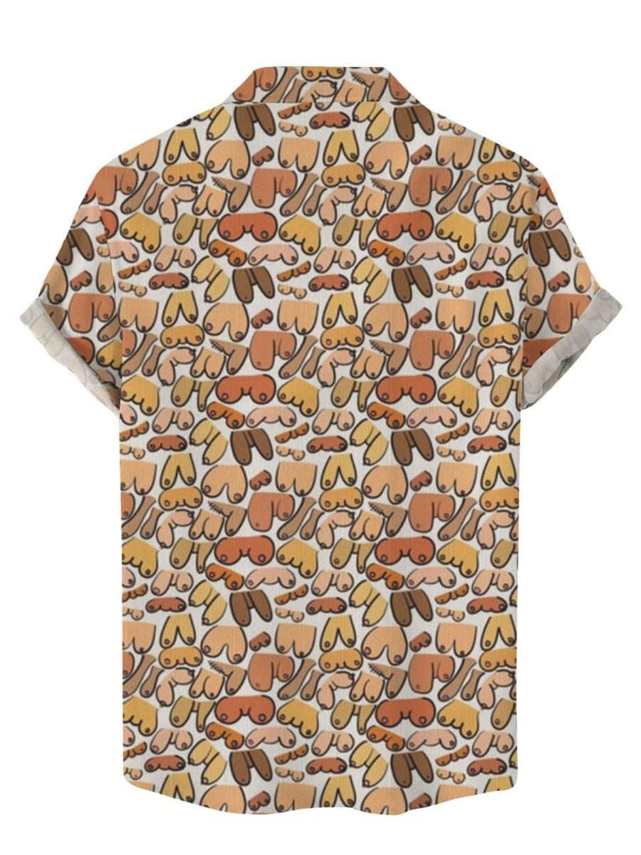 Men DJ Shirts | Boobs Print Casual Short-Sleeved Shirt Khaki