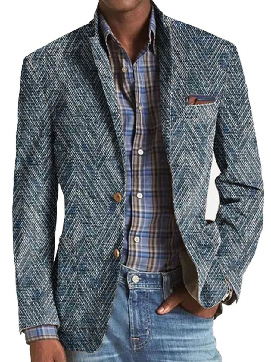 Men DJ Print Jacket | American Retro Line Print 3 Pocket Lapel Casual Blazer Navy