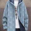 Men DJ Print Jacket | Vintage Anchor Print Pocket Fleece Hoodie Cardigan Blue