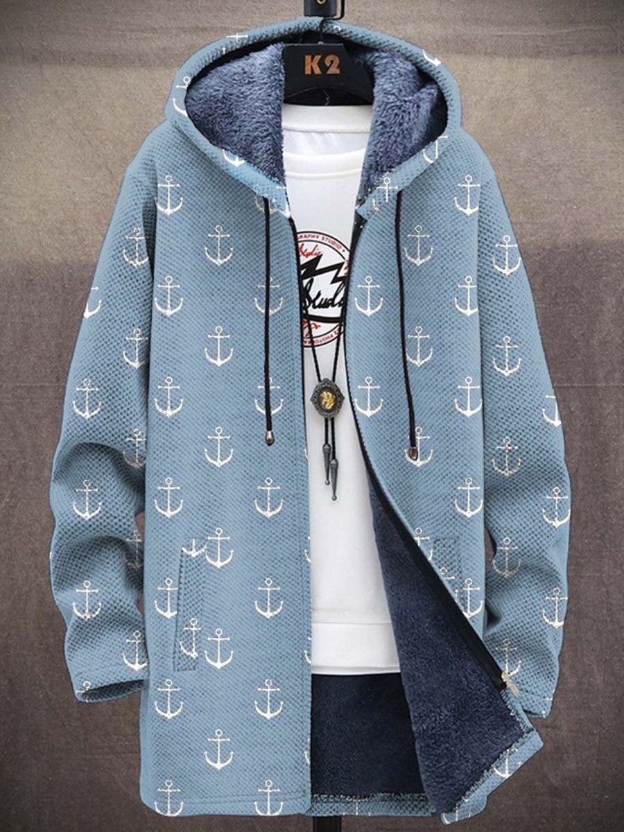 Men DJ Print Jacket | Vintage Anchor Print Pocket Fleece Hoodie Cardigan Blue