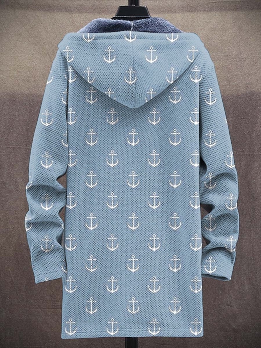 Men DJ Print Jacket | Vintage Anchor Print Pocket Fleece Hoodie Cardigan Blue