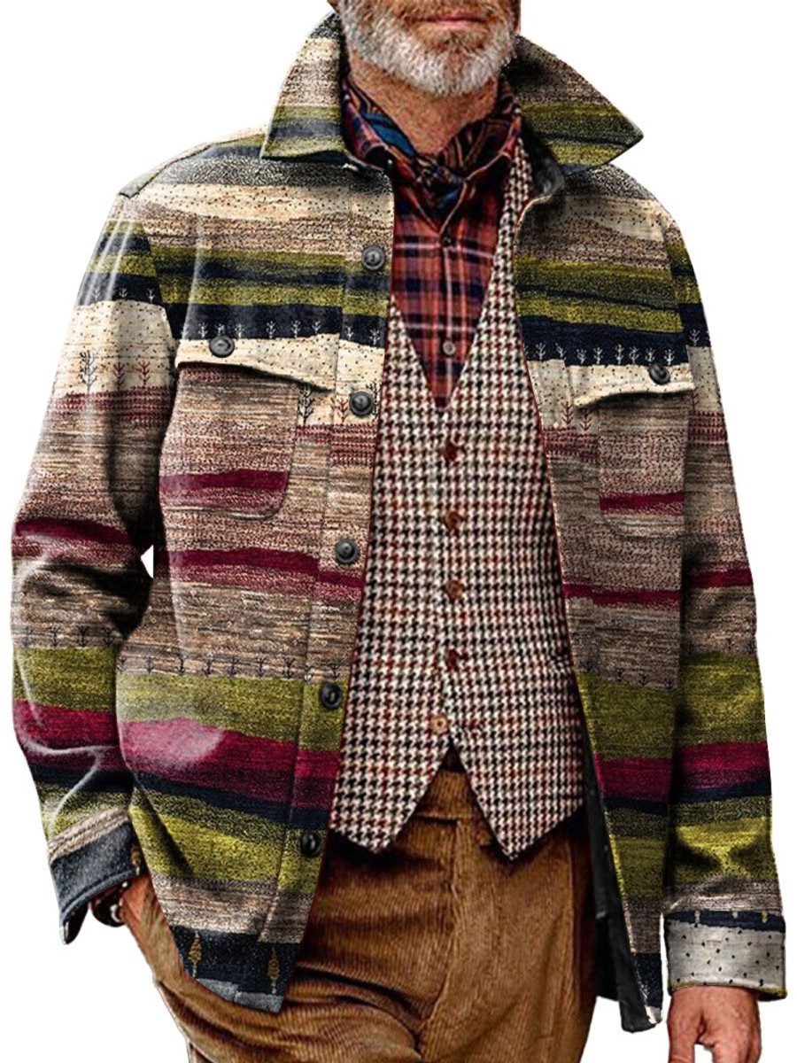 Men BXL Print Jacket | Men'S Casual Pastoral Landscape Print Single Breasted Pocket Jacket 71173752Xl Purple