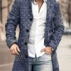 Men DJ Print Jacket | Retro Ethnic Style Geometric Print Stand Collar Single Breasted Double Pocket Woolen Coat Blue