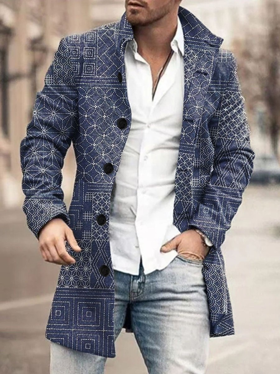 Men DJ Print Jacket | Retro Ethnic Style Geometric Print Stand Collar Single Breasted Double Pocket Woolen Coat Blue