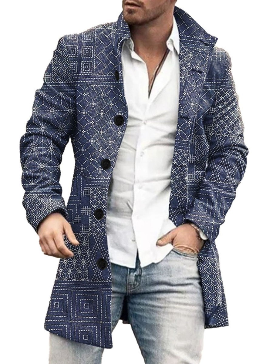 Men DJ Print Jacket | Retro Ethnic Style Geometric Print Stand Collar Single Breasted Double Pocket Woolen Coat Blue