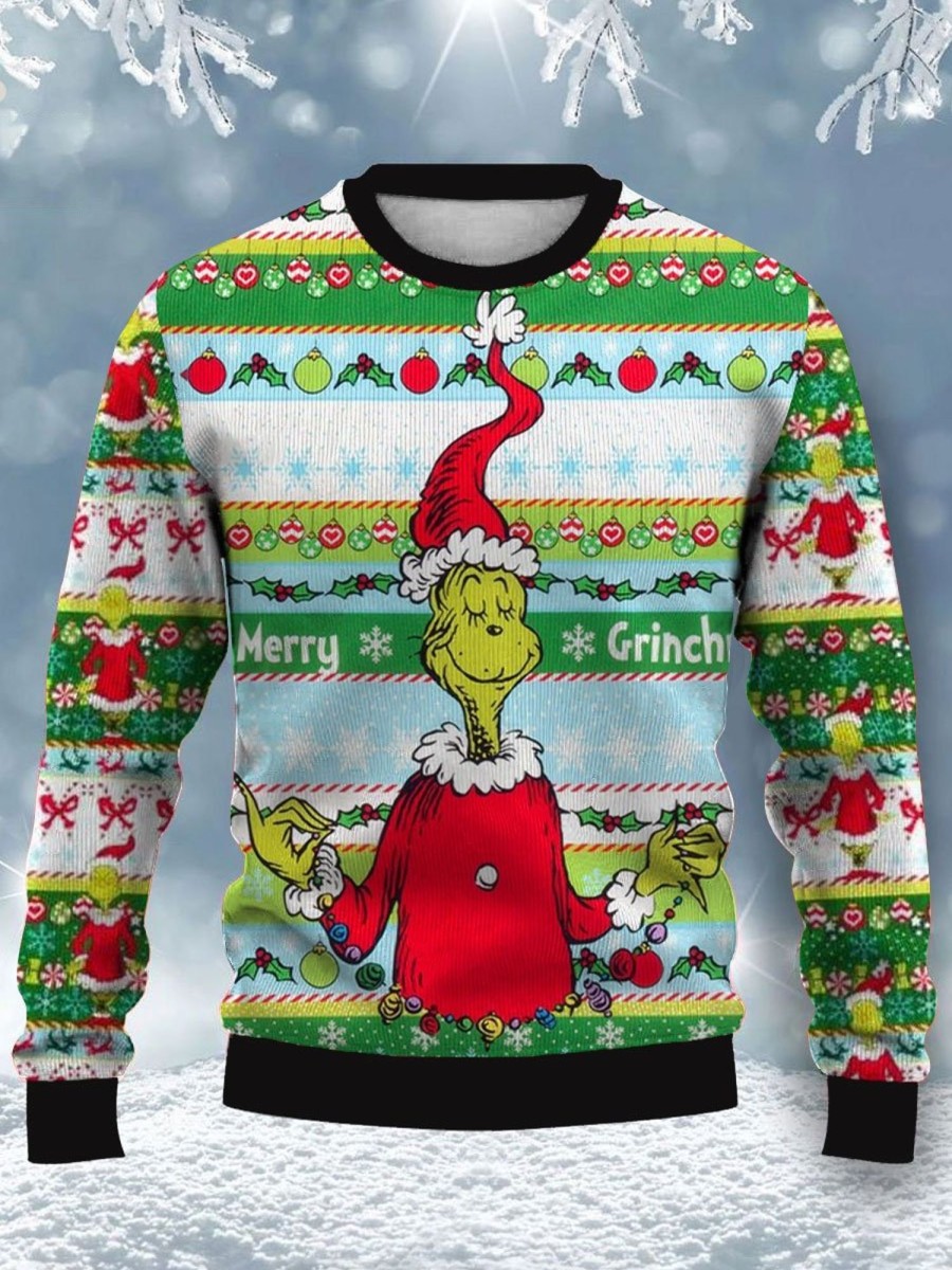 Men BXL Ugly Sweater | Men'S Fun Christmas Green Monster Print Crew Neck Pullover Sweatshirt Photo Color