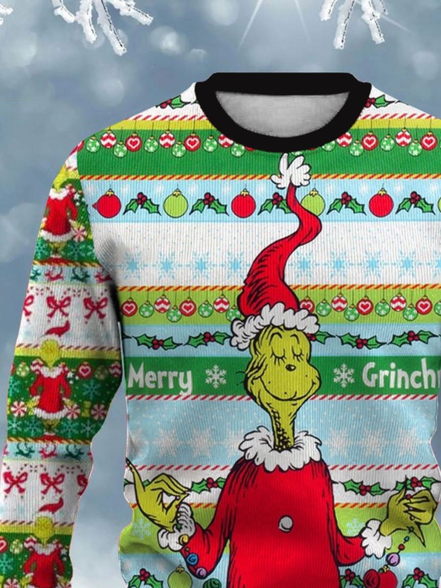 Men BXL Ugly Sweater | Men'S Fun Christmas Green Monster Print Crew Neck Pullover Sweatshirt Photo Color