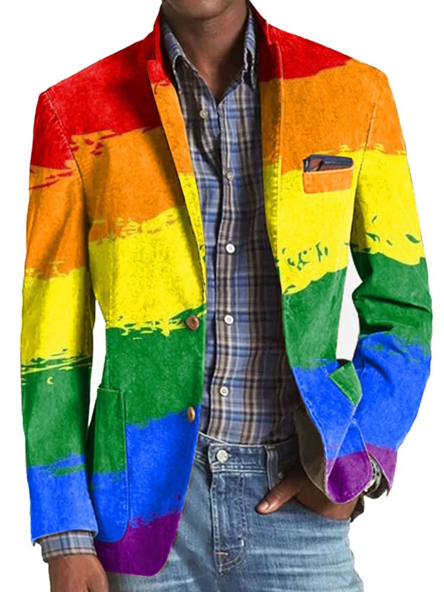 Men DJ Print Jacket | Rainbow Print Lapel Three-Pocket Casual Blazer Photo Color