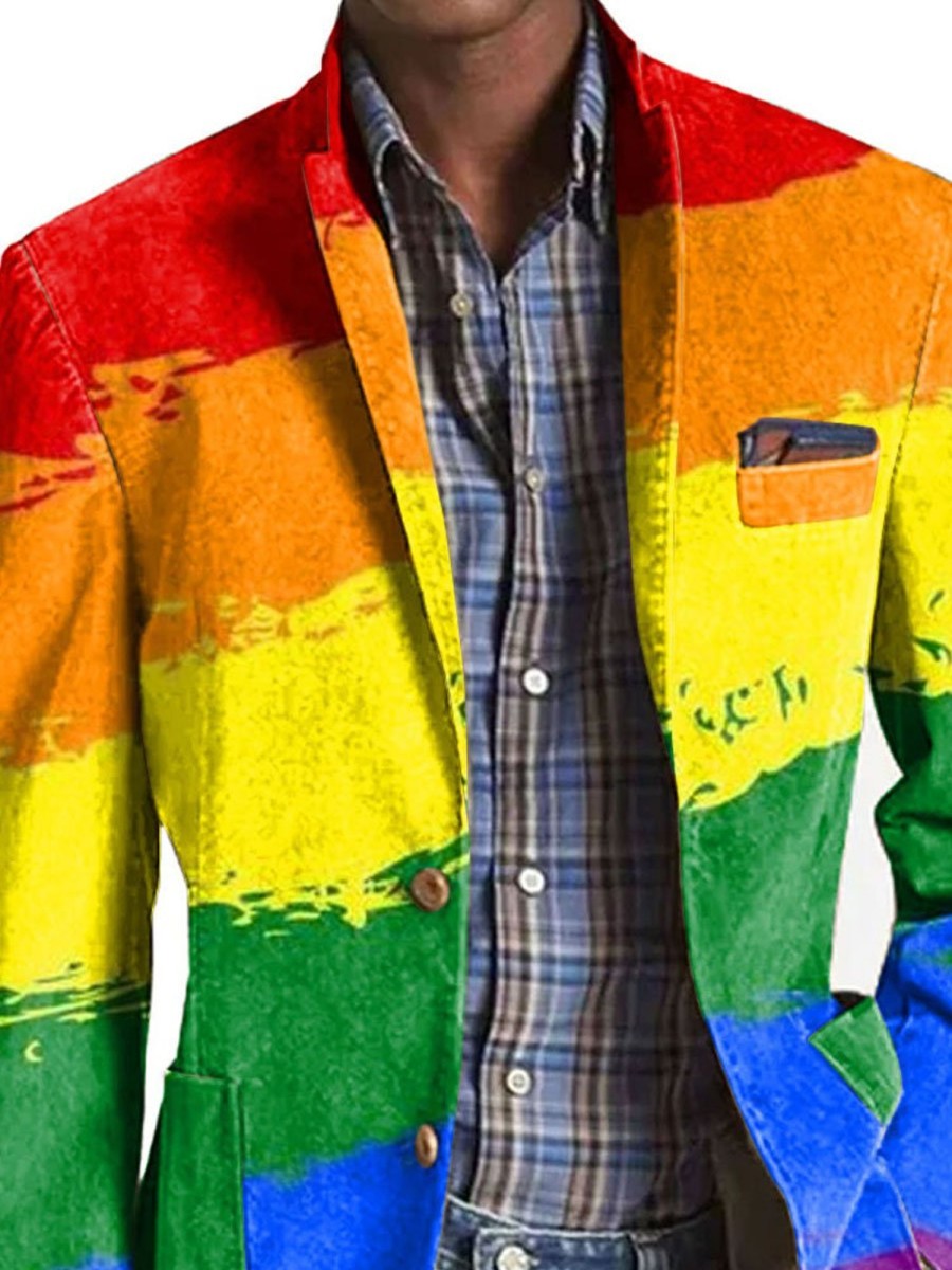 Men DJ Print Jacket | Rainbow Print Lapel Three-Pocket Casual Blazer Photo Color