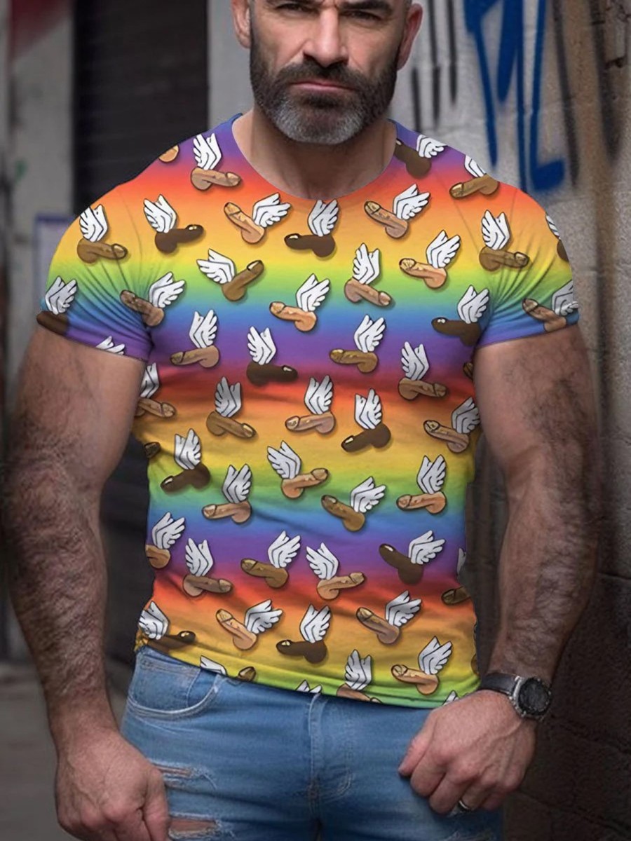 Men DJ T-Shirts | Men'S Lgbt Cock Pride Rainbow Wings Penis Funny Printing T-Shirt Photo Color