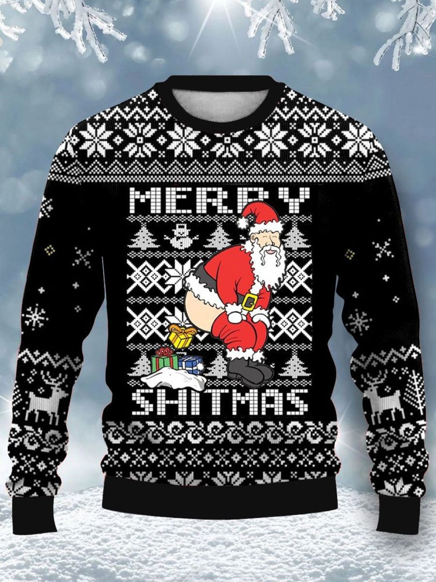 Men DJ Ugly Sweater | Fun Cartoon Santa Claus Print Casual Crew Neck Sweatshirt Black