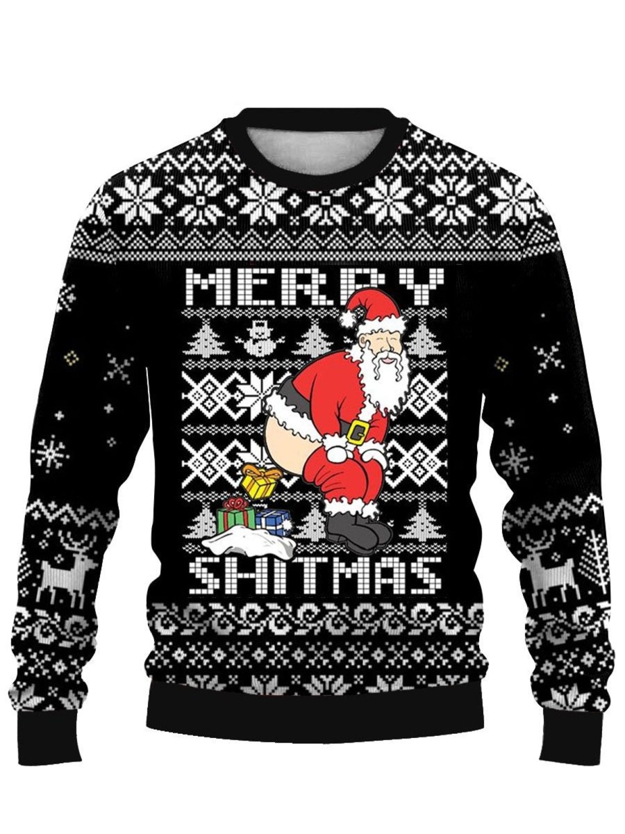 Men DJ Ugly Sweater | Fun Cartoon Santa Claus Print Casual Crew Neck Sweatshirt Black