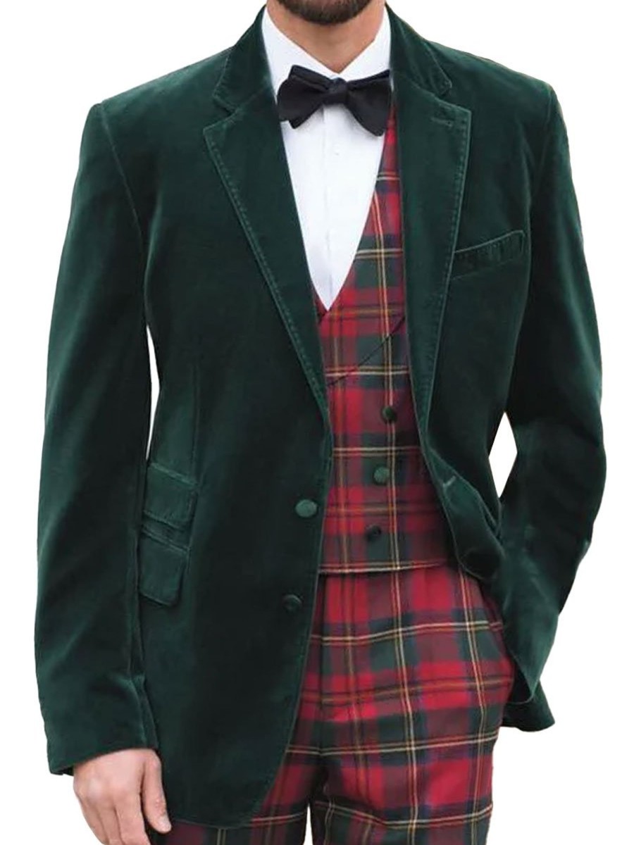 Men BXL Jacket | Christmas Velvet Notch Lapel Welt Pockets Two Button Blazer Green