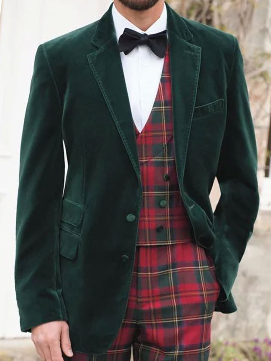 Men BXL Jacket | Christmas Velvet Notch Lapel Welt Pockets Two Button Blazer Green