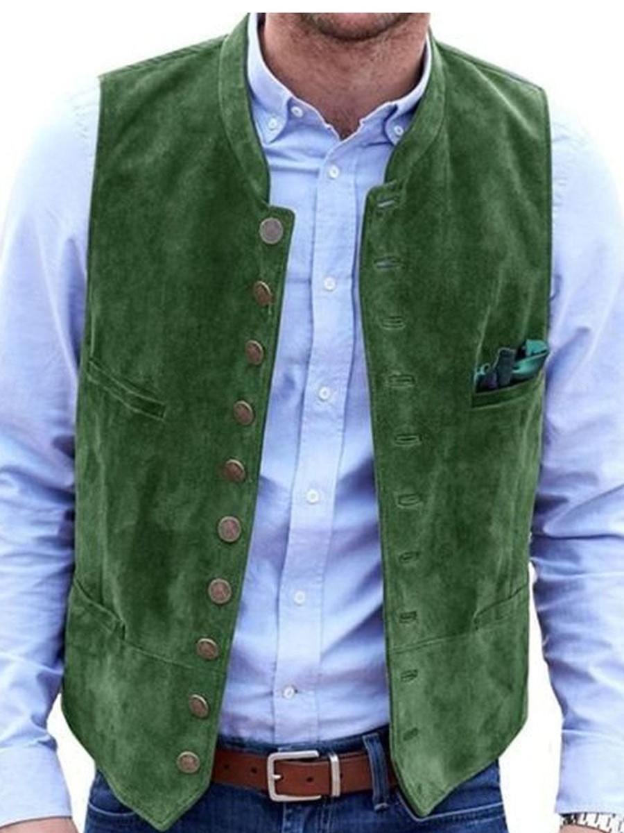 Men DJ Vest | Velvet 4-Pocket Stand Collar Single-Breasted Casual Vest Green