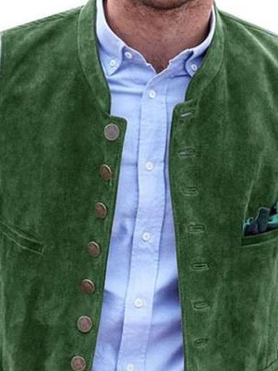 Men DJ Vest | Velvet 4-Pocket Stand Collar Single-Breasted Casual Vest Green