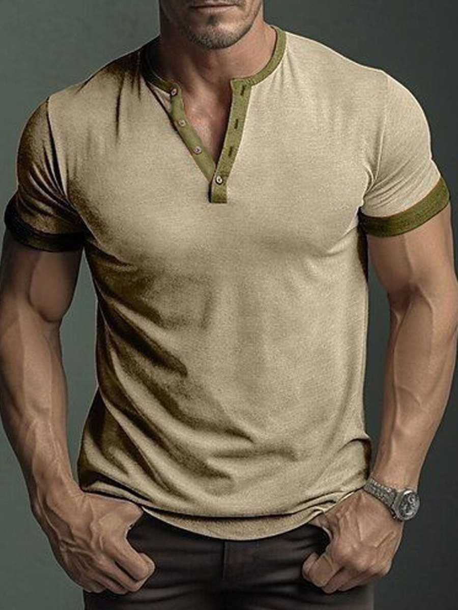 Men DJ Casual Shirts | Contrast Color Half Open Collar Casual And Versatile Short-Sleeved T-Shirt Photo Color