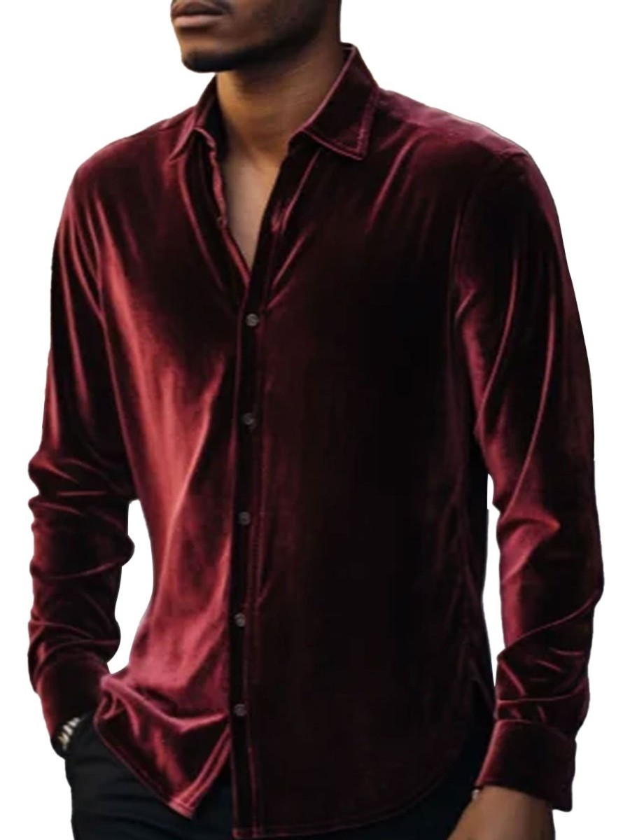 Men BXL Casual Shirts | Men'S Solid Color Velvet Casual Long Sleeve Shirt Wine Red