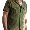 Men BXL Casual Shirts | Men'S Solid Color Cotton And Linen Pocket Casual Short-Sleeved Shirt Army Green