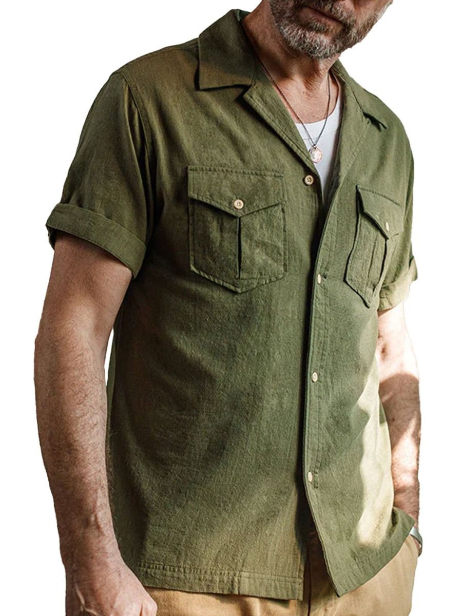 Men BXL Casual Shirts | Men'S Solid Color Cotton And Linen Pocket Casual Short-Sleeved Shirt Army Green