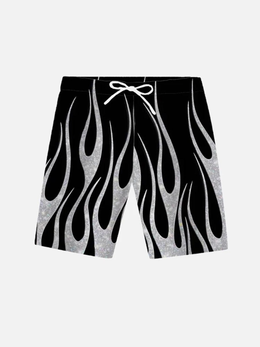 Men HLJ Shorts | Silver Burning Flame Hawaiian Shorts Black