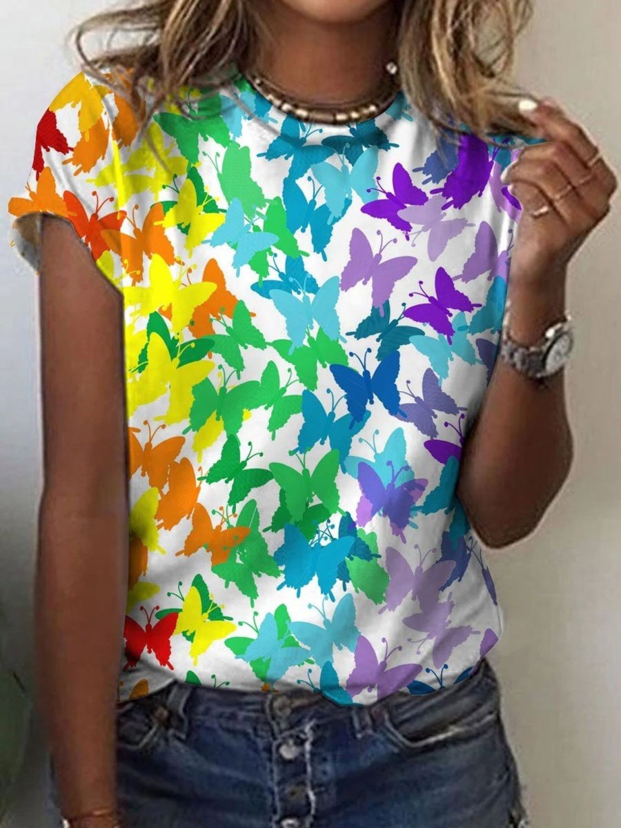 Women DJ | Women'S Rainbow Butterfly Casual Print T-Shirt Photo Color