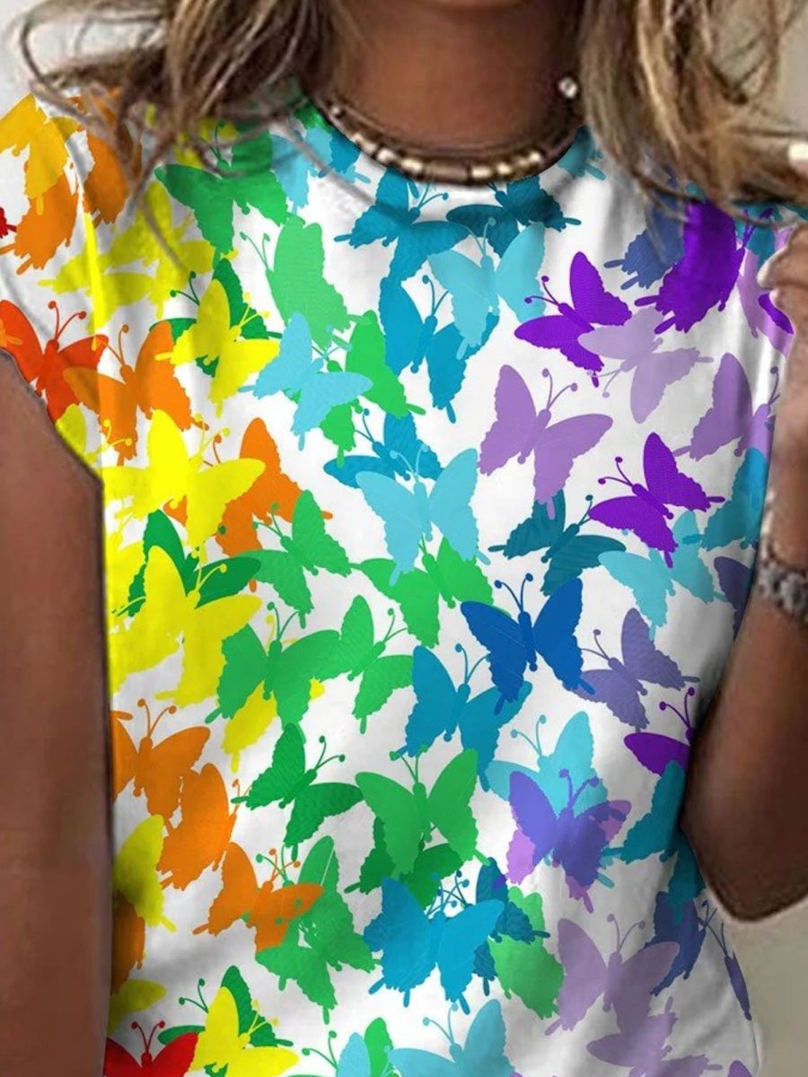 Women DJ | Women'S Rainbow Butterfly Casual Print T-Shirt Photo Color