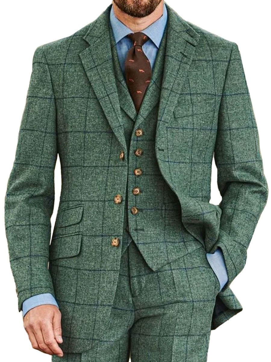 Men BXL Jacket | Vintage Plaid Wool Lapel Single-Breasted Casual Blazer Green