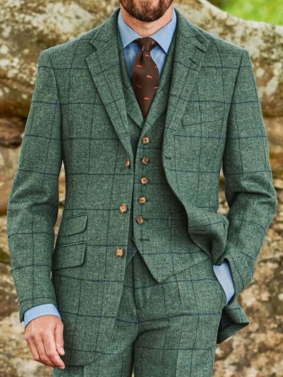 Men BXL Jacket | Vintage Plaid Wool Lapel Single-Breasted Casual Blazer Green