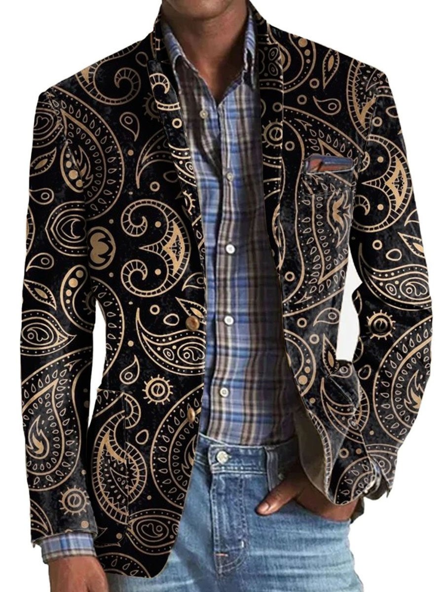 Men DJ Print Jacket | Vintage Cashew Print 3-Pocket Lapel Single-Breasted Casual Blazer Black