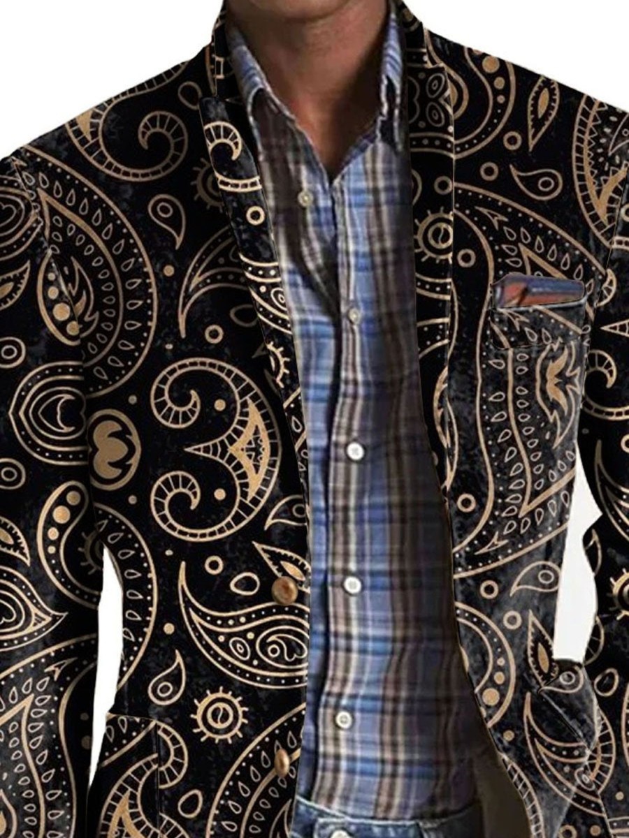 Men DJ Print Jacket | Vintage Cashew Print 3-Pocket Lapel Single-Breasted Casual Blazer Black