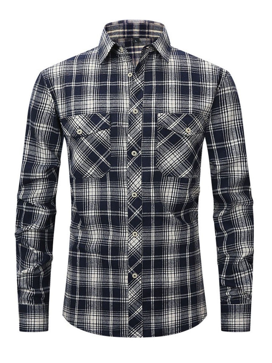 Men DJ Casual Shirts | Brushed Plaid Lapel Single-Breasted Long-Sleeved Shirt