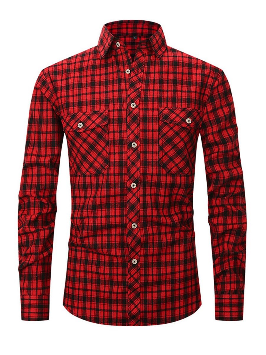 Men DJ Casual Shirts | Brushed Plaid Lapel Single-Breasted Long-Sleeved Shirt