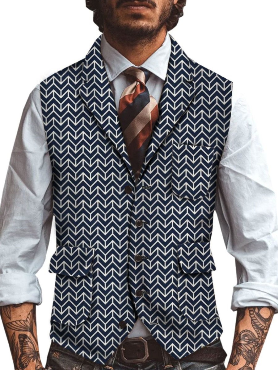 Men BXL Vest | Men'S Retro Woolen Geometric Print Multi-Pocket Casual Vest Navy Blue