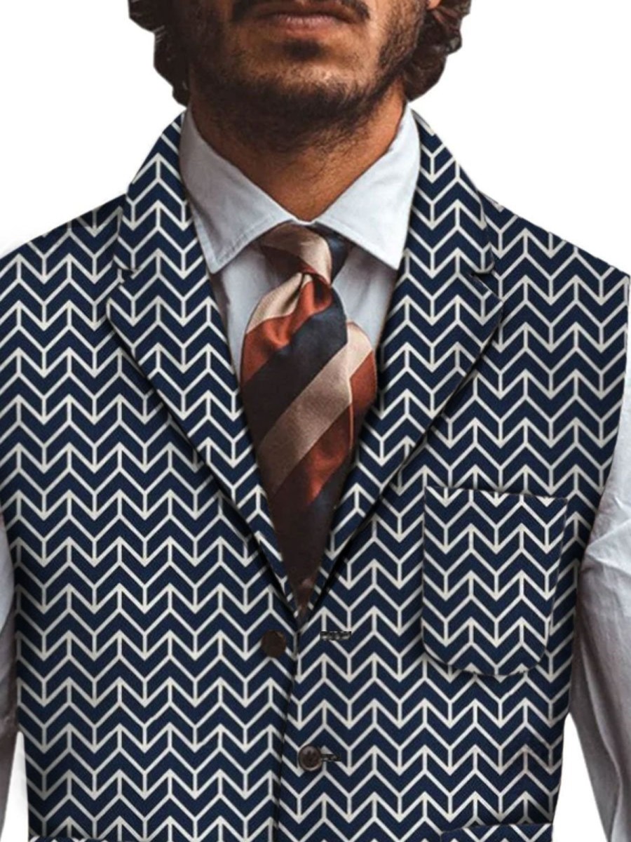 Men BXL Vest | Men'S Retro Woolen Geometric Print Multi-Pocket Casual Vest Navy Blue