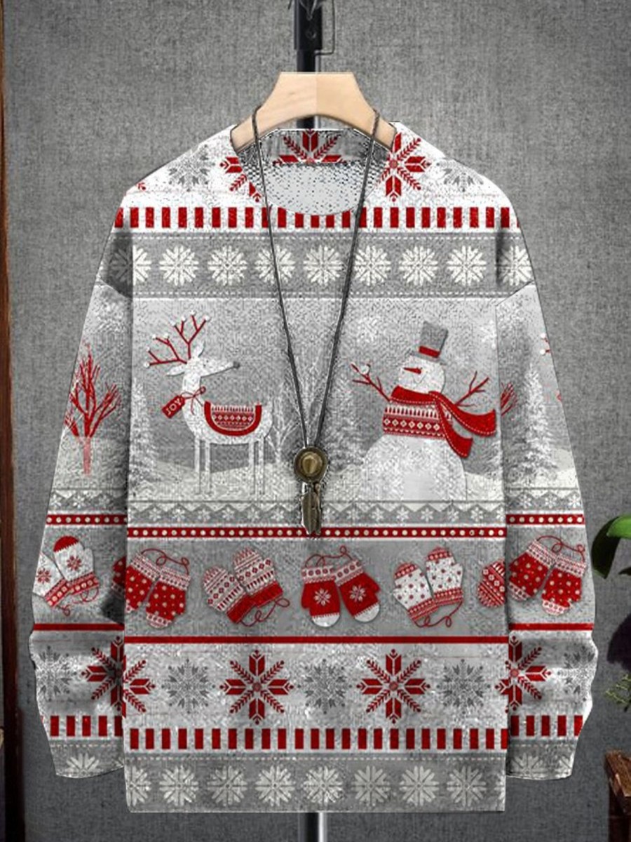 Men GYJ Print Sweater | Snowman Elk Gloves Christmas Print Crewneck Knit Sweater Photo Color