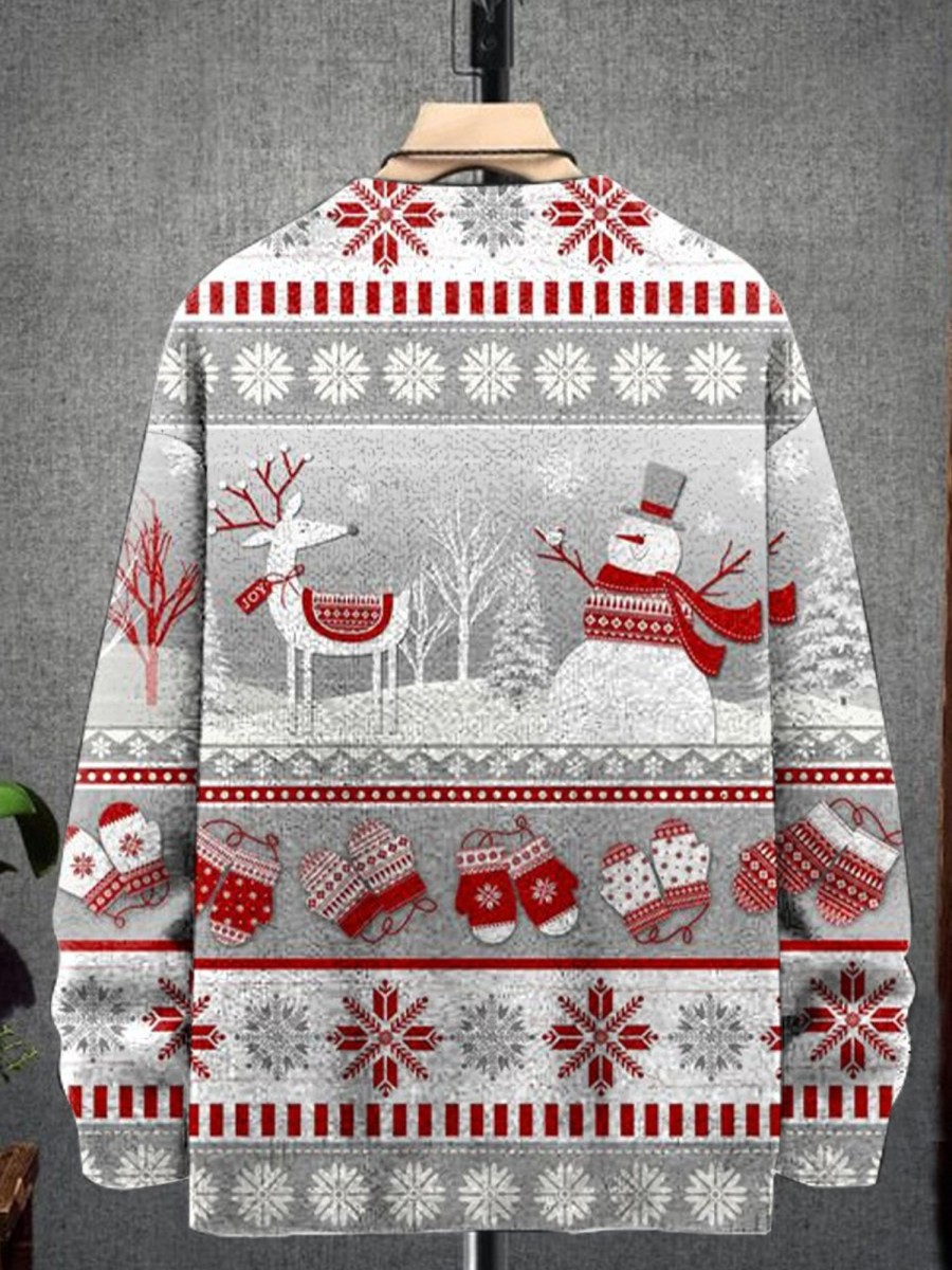 Men GYJ Print Sweater | Snowman Elk Gloves Christmas Print Crewneck Knit Sweater Photo Color