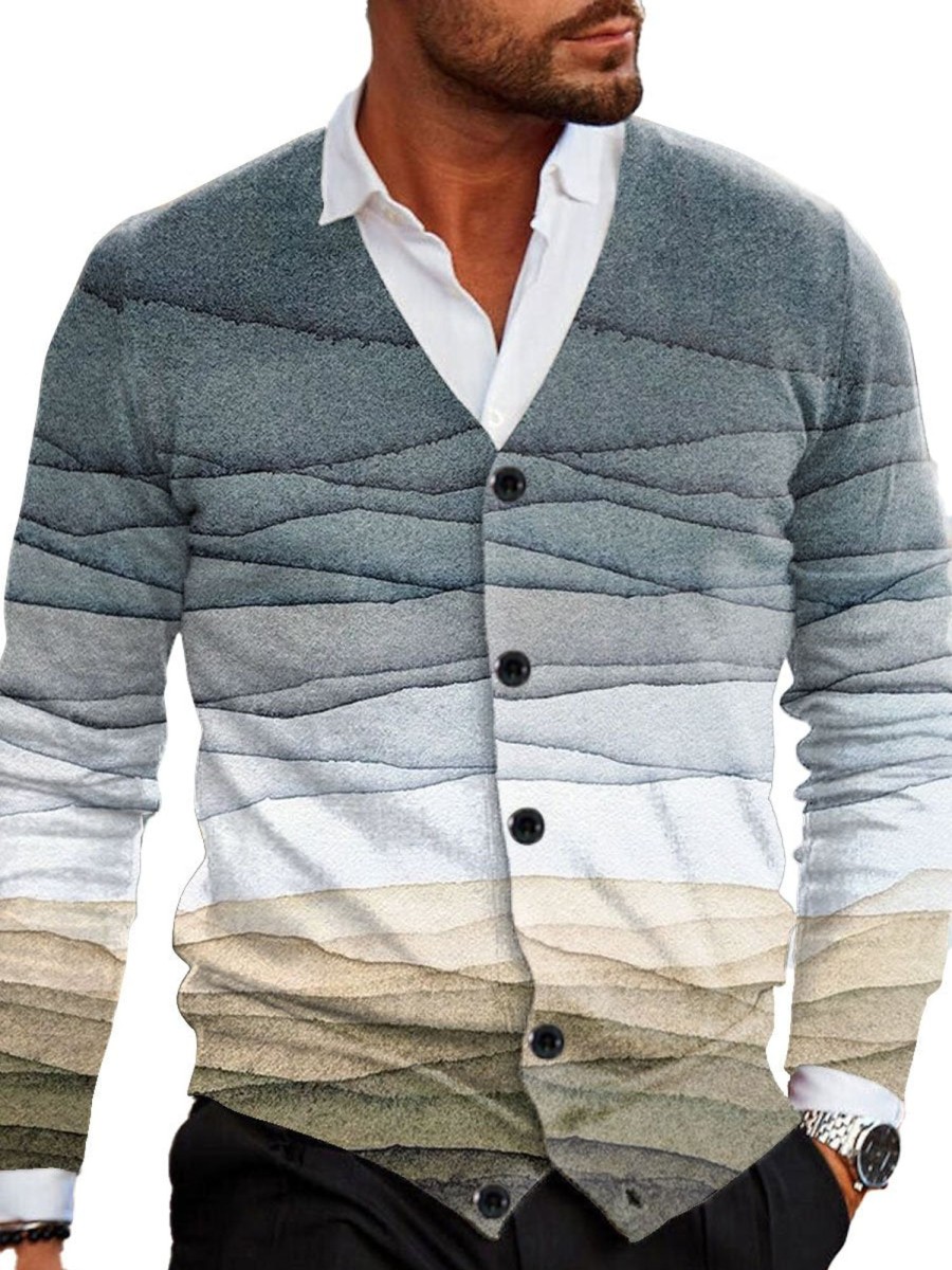 Men BXL Print Cardigan | Men'S V-Neck Ink Gradient Print Single-Breasted Sweater Cardigan 73915448Xl Gray