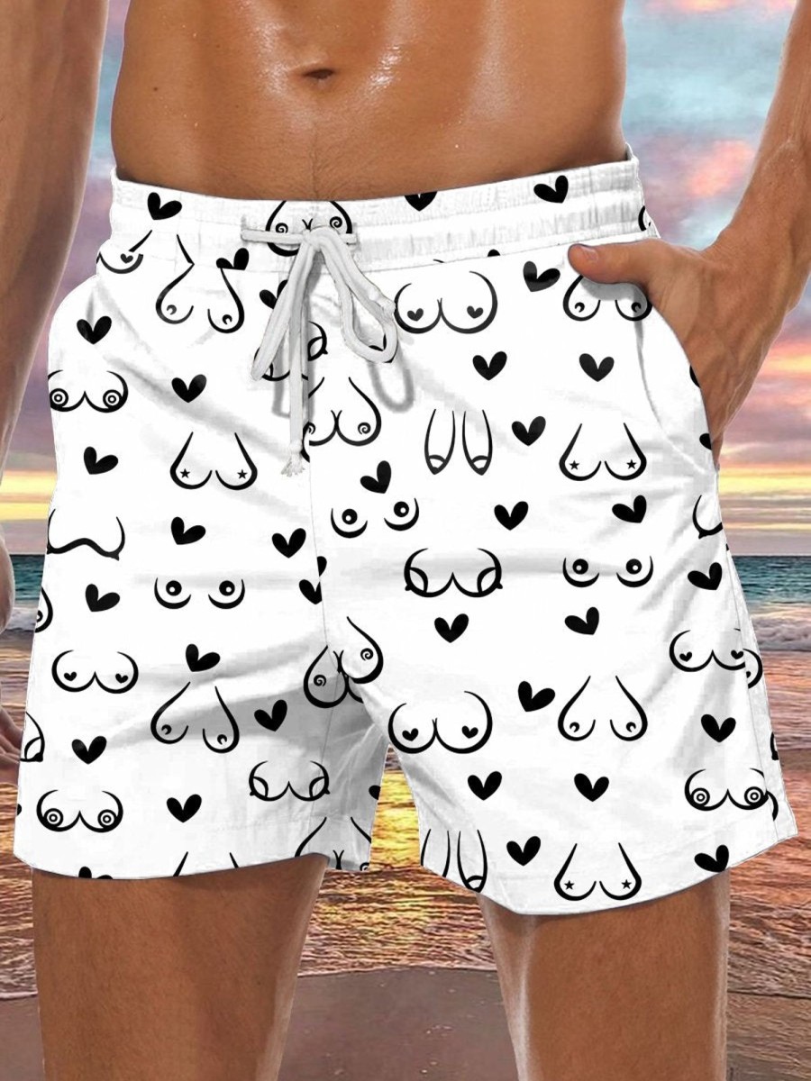 Men DJ Shorts | Boobs And Hearts Print Pocket Tie Shorts White