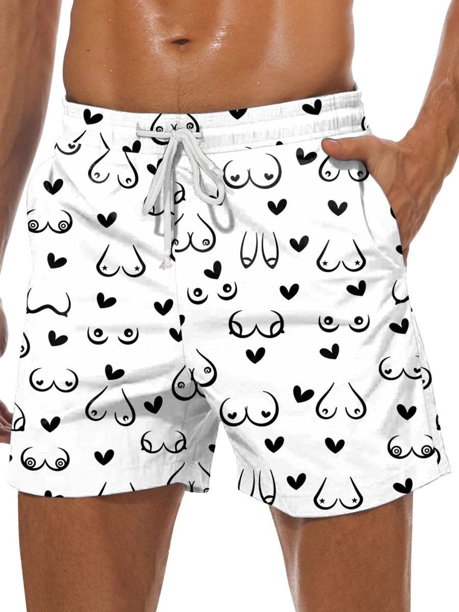 Men DJ Shorts | Boobs And Hearts Print Pocket Tie Shorts White