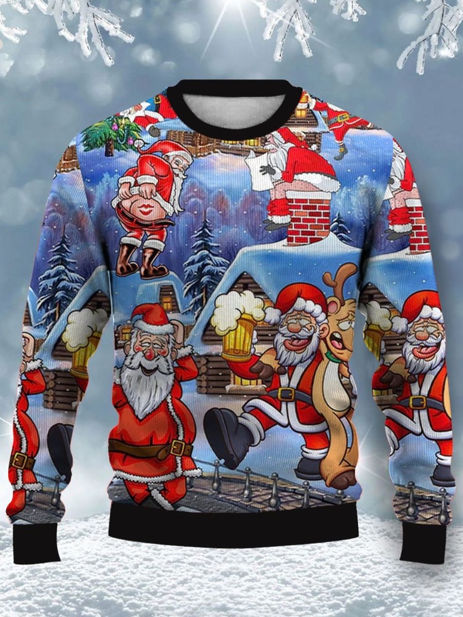 Men DJ Ugly Sweater | Christmas Fun Cartoon Print Casual Crew Neck Sweatshirt Blue