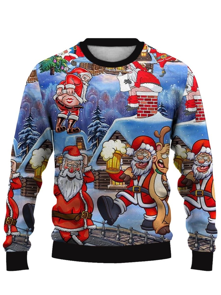 Men DJ Ugly Sweater | Christmas Fun Cartoon Print Casual Crew Neck Sweatshirt Blue