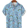 Men DJ Shirts | Cartoon Bear Print Casual Short-Sleeved Shirt Blue