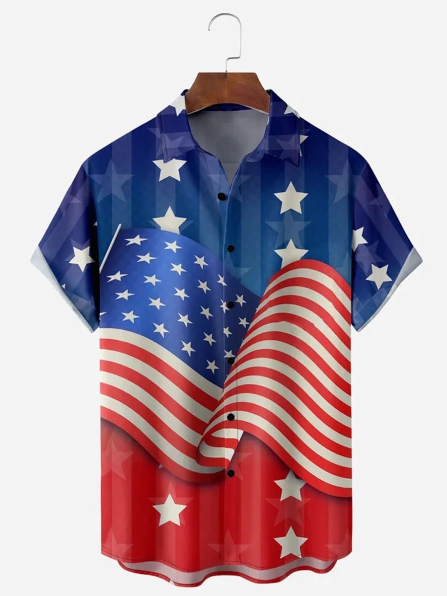 Men DJ Shirts | American Flag Short Sleeve Casual Shirt Photo Color