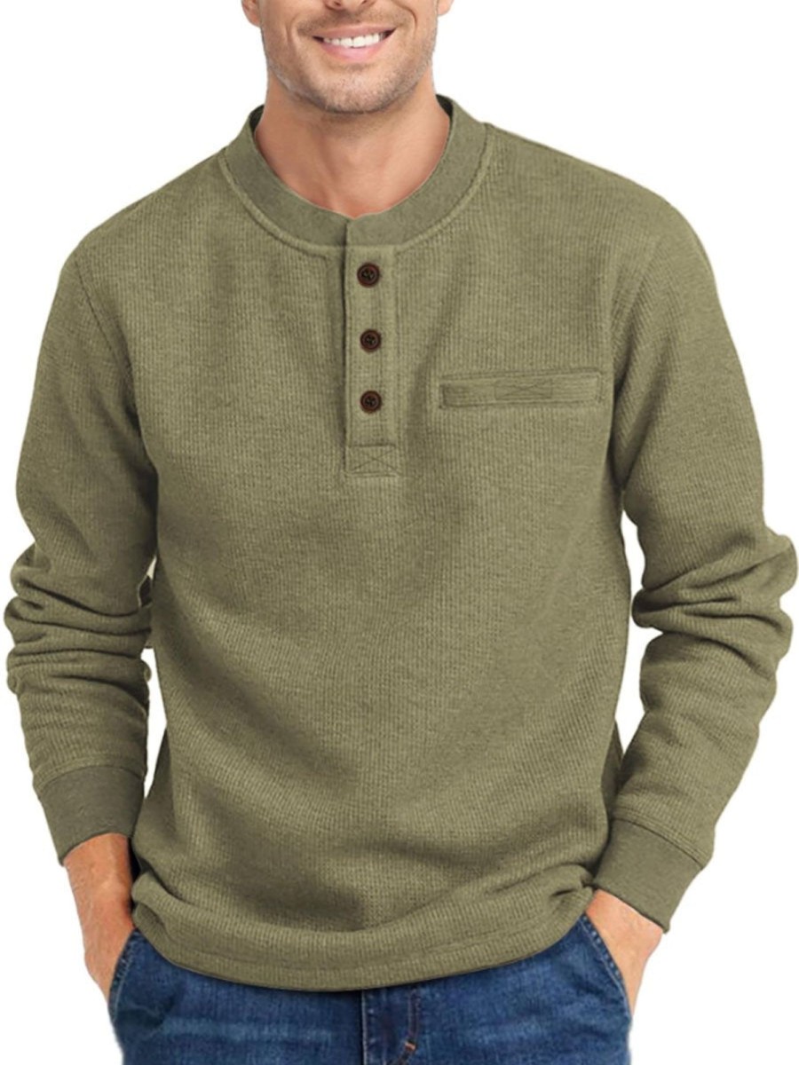 Men DJ Casual Hoodie | Solid Color Vintage Henley Collar Casual Sweatshirt Army Green